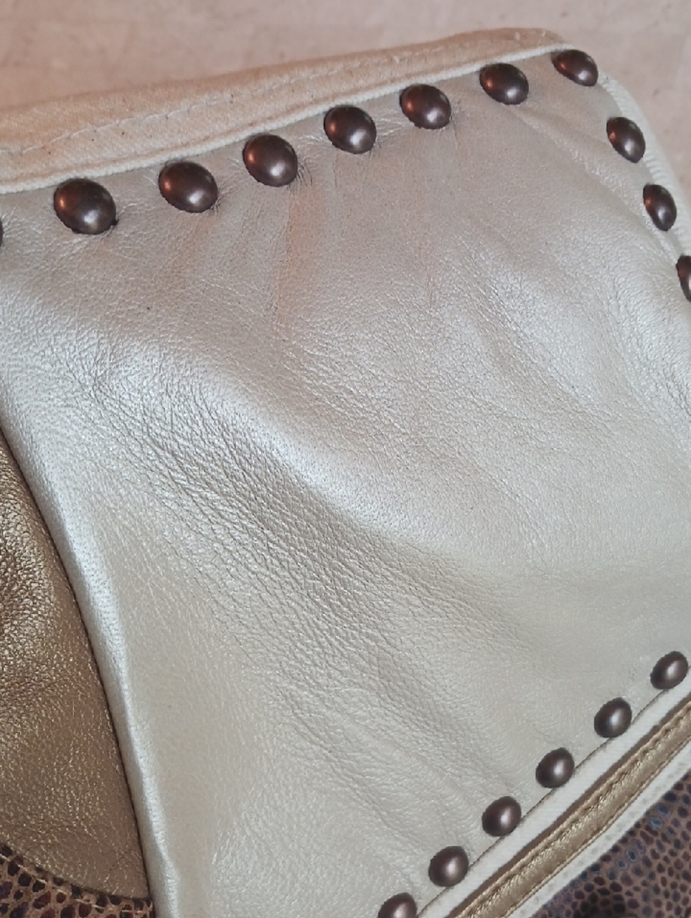 Vintage "Cache" Leather & Cream Cotton Denim Jacket, Metal Studs Detail "NEW" - Picture 13 of 15